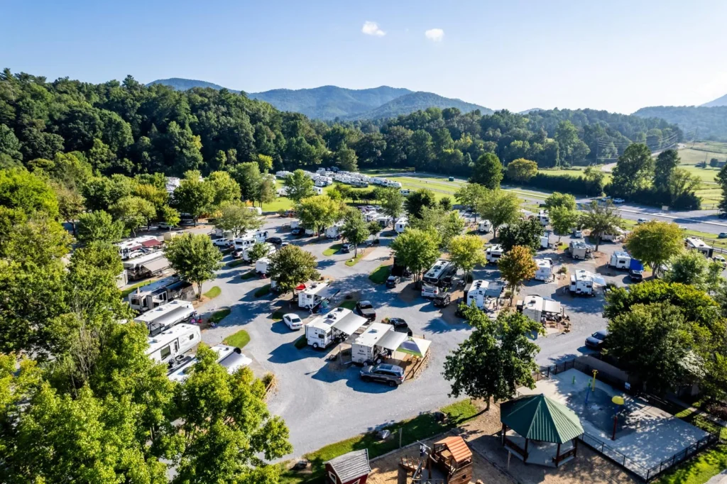 An aerial view of an rv park in the mountains of townsend tn.