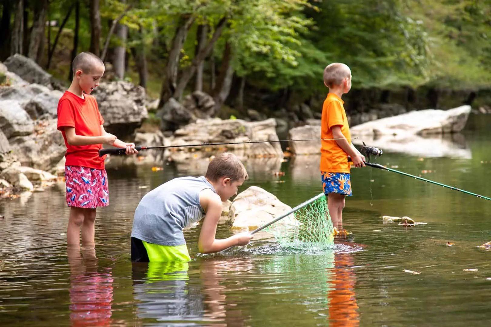 Three boys fishing in a river at Big Meadows Campground with a net.
